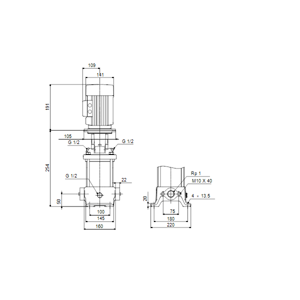 Вертикальный многоступенчатый центробежный насос Grundfos CR 1-3 A-A-A-E-HQQE артикул 96516170 – габаритный чертеж