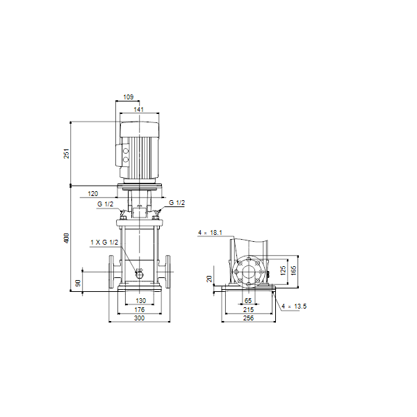 Вертикальный многоступенчатый центробежный насос Grundfos CR 15-1 A-F-A-V-HQQV артикул 96501795 – габаритный чертеж