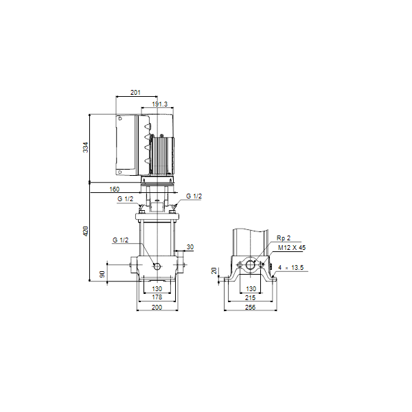 Вертикальный многоступенчатый центробежный насос Grundfos CRE 20-2 A-A-A-E-HQQE артикул 99071649 – габаритный чертеж